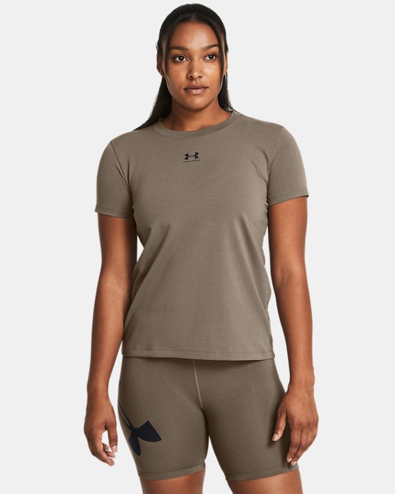 Women's UA Rival Core Short Sleeve in Brown image number 0